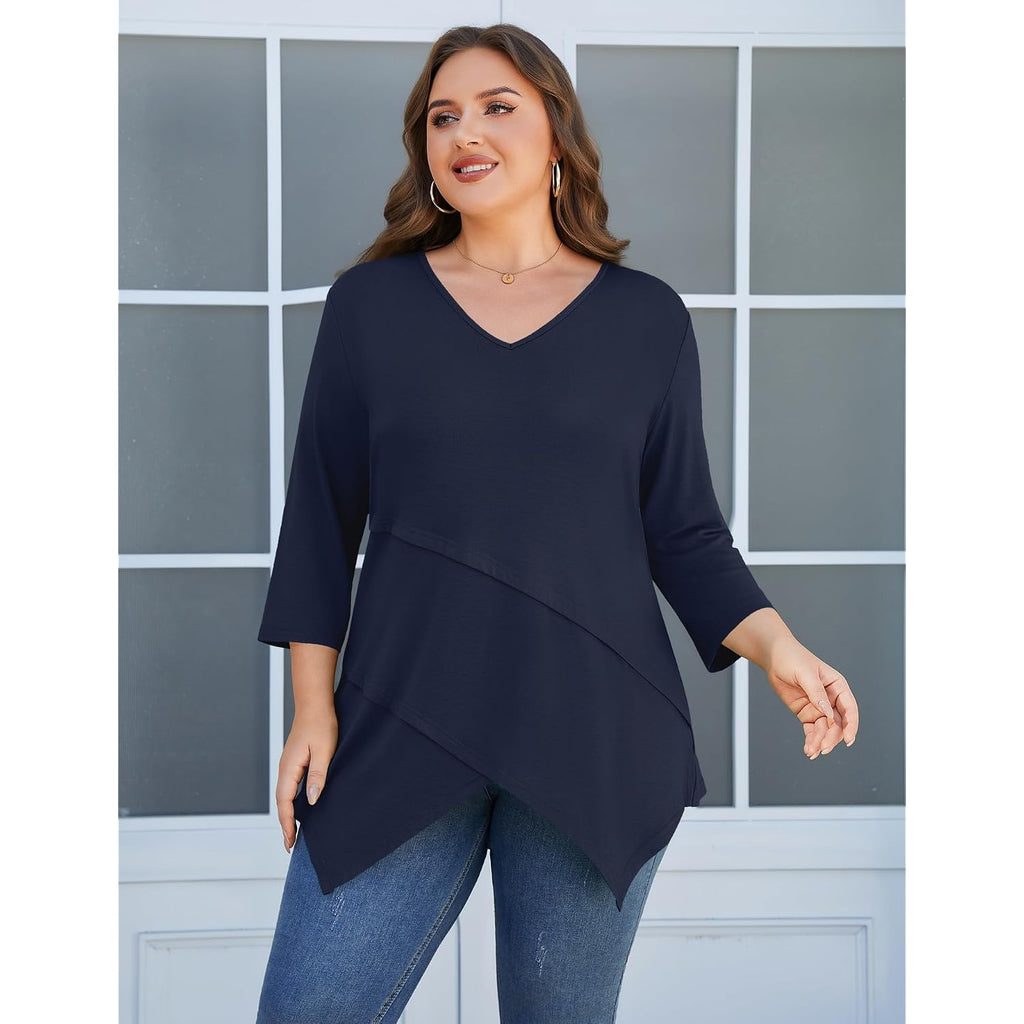 Plus Size Tops for Women 3/4 Sleeve Shirts V Neck T Shirt Spring Summer Blouses 1X-5X
