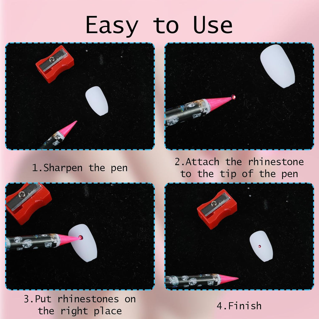 4 Pcs Rhinestone Picker Tool, Self Adhesive Wax Pencil for Rhinestones, Rhinestone Pen Gem Picker Tool with Pencil Sharpener Nail Dotting Tool for DIY Nail Art