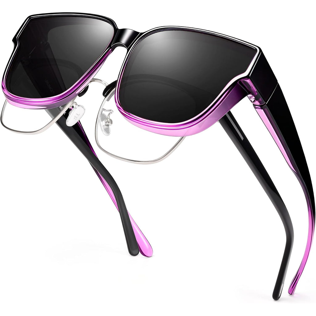 Polarized Sunglasses Fit Over Glasses for Women, UV400 Protection Trendy Square Womens Mens Shades Sun Glasses A04 Gradient Purple Frame/Grey Lens