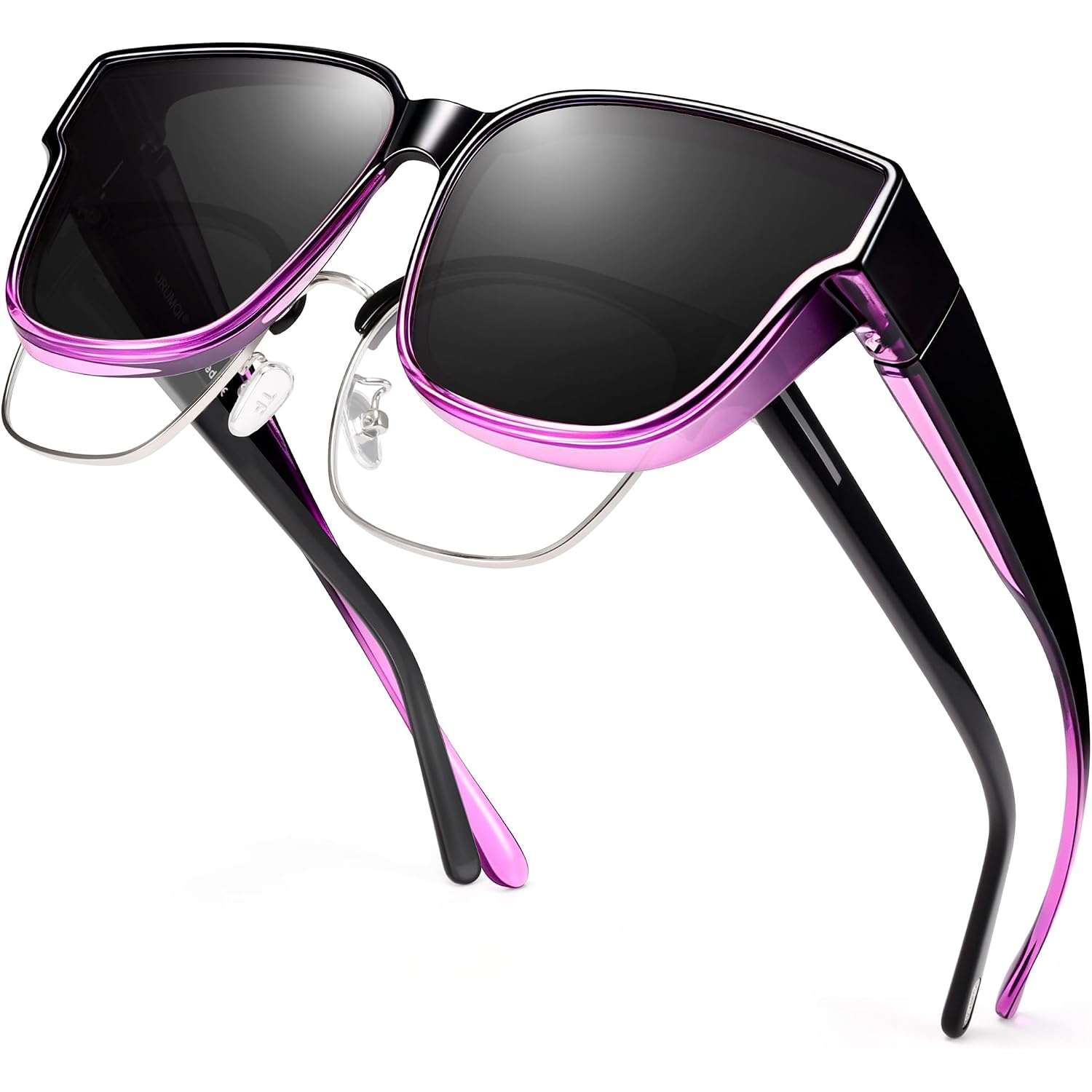 Polarized Sunglasses Fit Over Glasses for Women, UV400 Protection Trendy Square Womens Mens Shades Sun Glasses A04 Gradient Purple Frame/Grey Lens