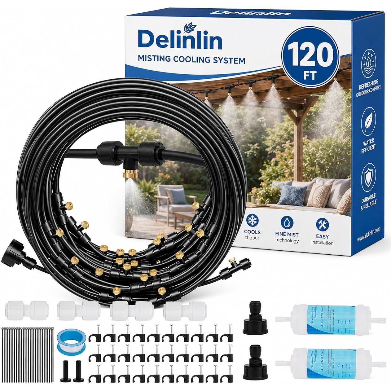 120Ft Misters For Outside Patio, Outdoor Misting Cooling System With 28 Brass Nozzles & 2 Water Filters, Diy Misting Kit For Backyard Garden Greenhouse Deck Umbrella Canopy Pool Porch Trampoline