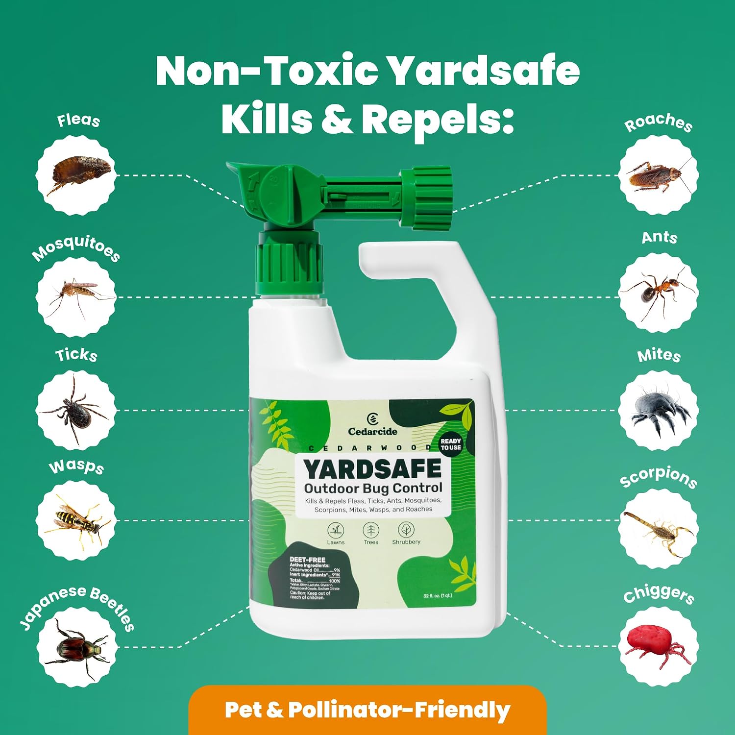 Cedarcide Yardsafe | Kills & Repels Mosquitoes, Ticks, Fleas, Mites & More With Natural Essential Oils | Family & Pet-Safe | Eco-Friendly | 1 Quart (32 Oz.)