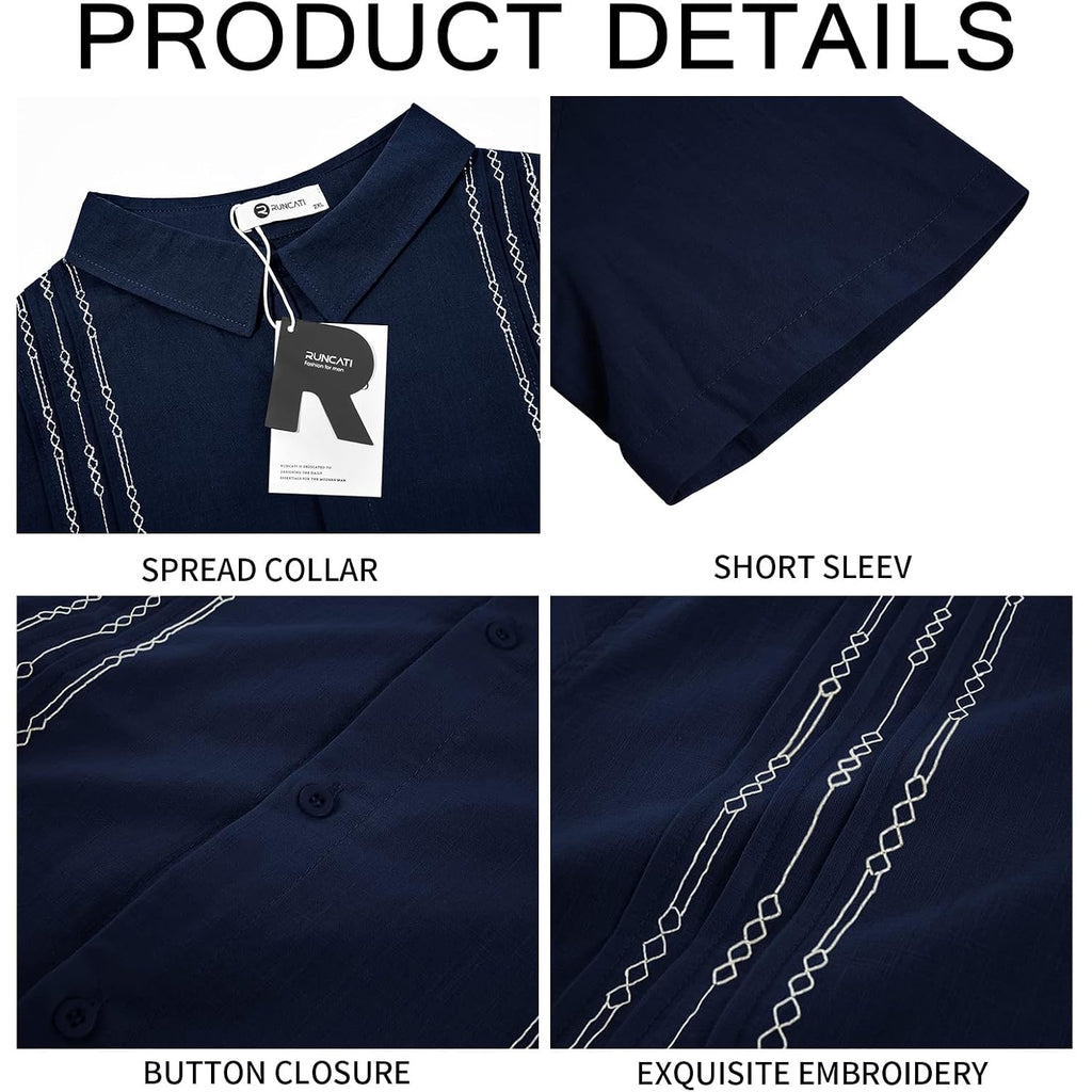Runcati Mens Short Sleeve Guayabera Shirts Linen Cotton Button Down Mexican Embroidered Cuban Wedding Shirt Summer Beach Tops