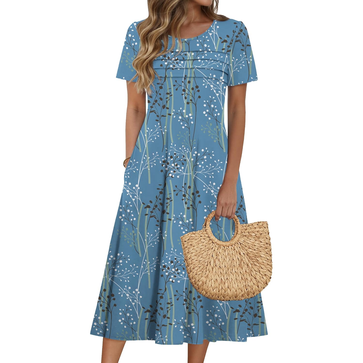 Zeagoo Womens Casual Dresses For Summer Short Sleeve Flare Midi Dress Loose Beach Sundress Pleated Front Dress With Pockets