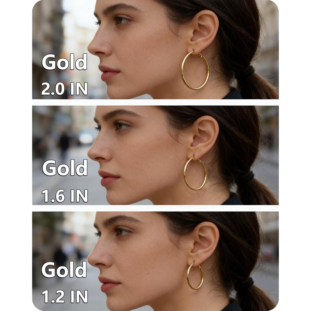 6 Pairs Silver Gold Hoop Earrings for Women - 14K Gold Plated 316 Stainless Steel, Hypoallergenic Lightweight 20/30/40/50/60/70mm Hoops Set