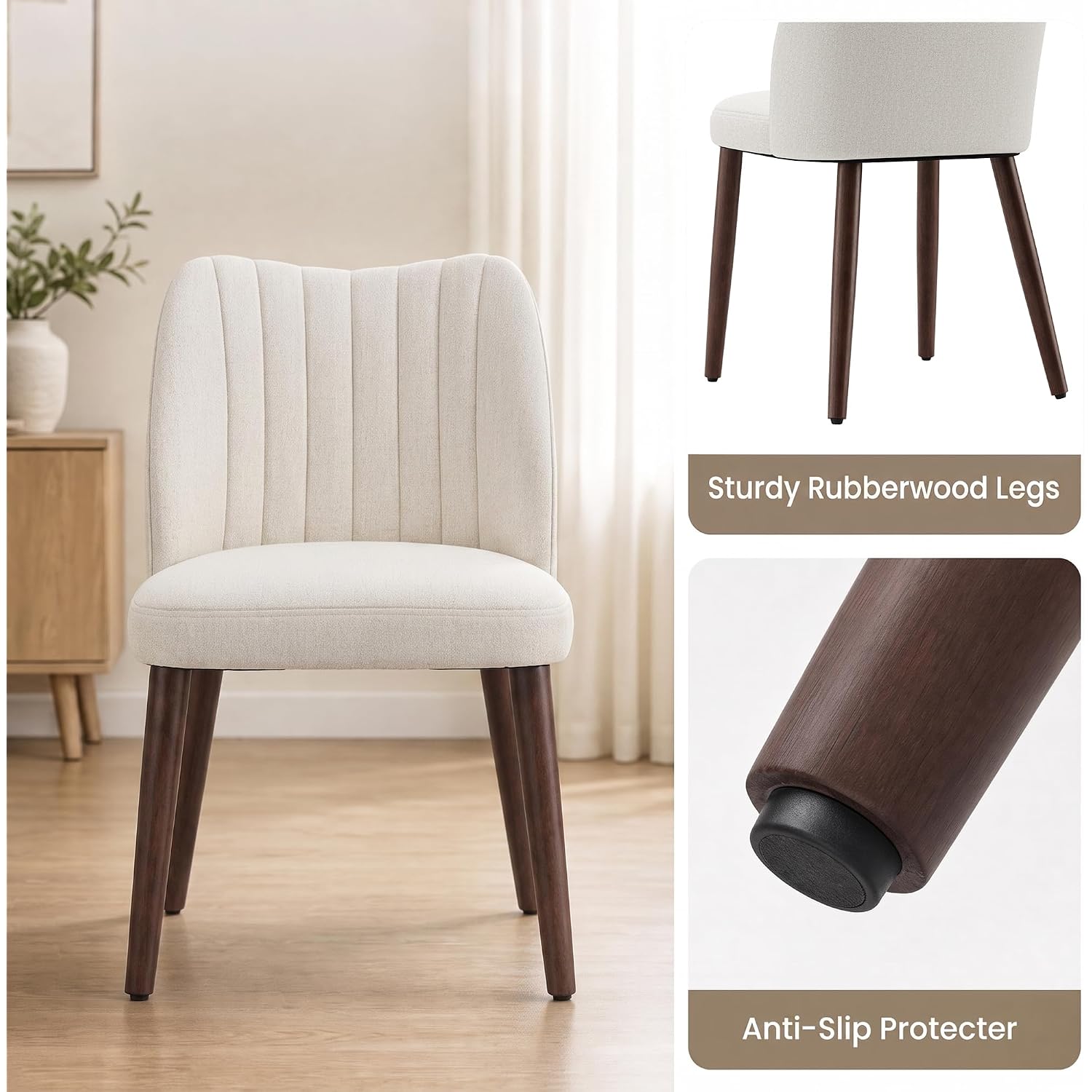 Upholstered Dining Chairs Set Of 4, Modern Fabric Dining Chairs With Curved Backrest & Solid Rubber Wood Legs, Padded Kitchen Dining Room Chairs For Restaurant Cafe, Beige