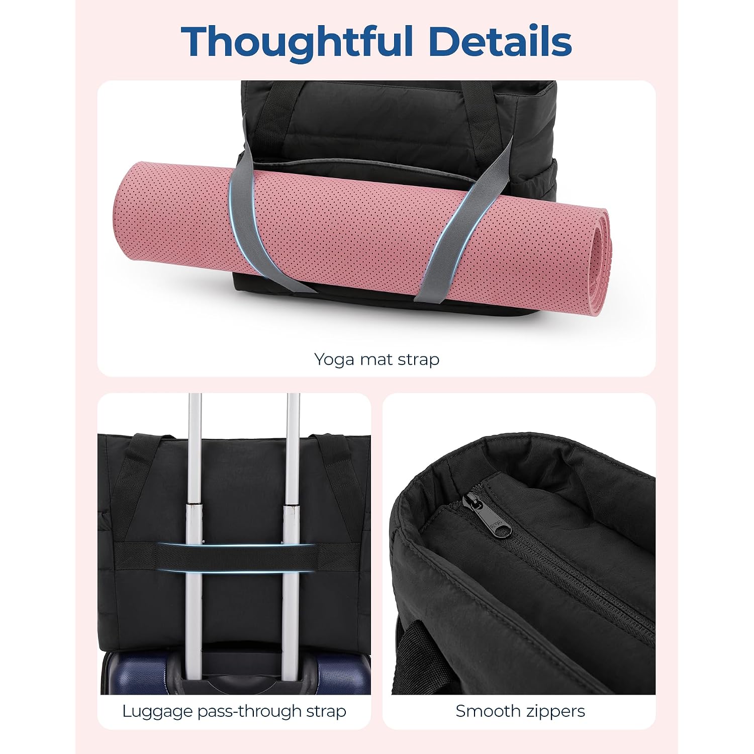 Bagsmart Tote Bag For Women With Zipper And Yoga Mat Straps Quilted Gym Tote For Travel, Work, Sport