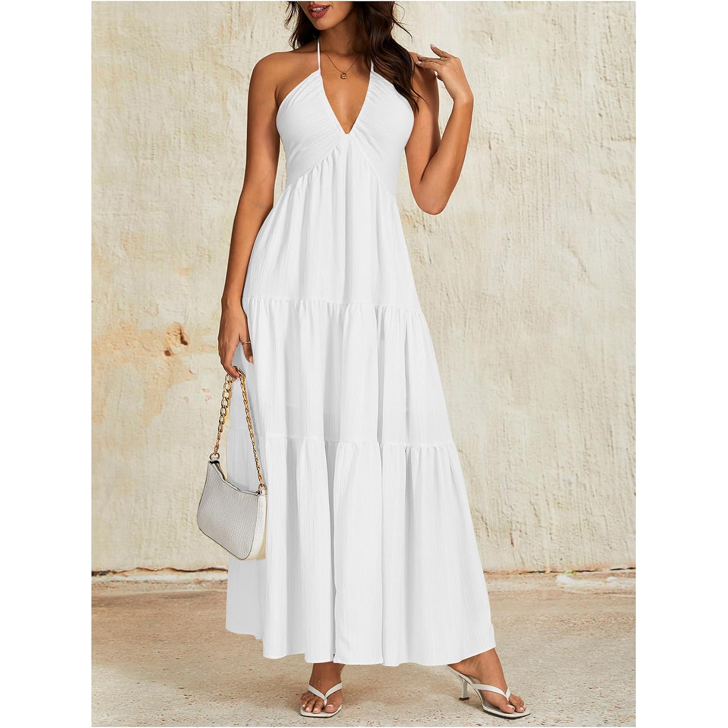 Oyoangle Women'S Summer Beach Halter Sundress Formal Wedding Guest Dress Backless Flowy Vacation Boho Maxi Dresses