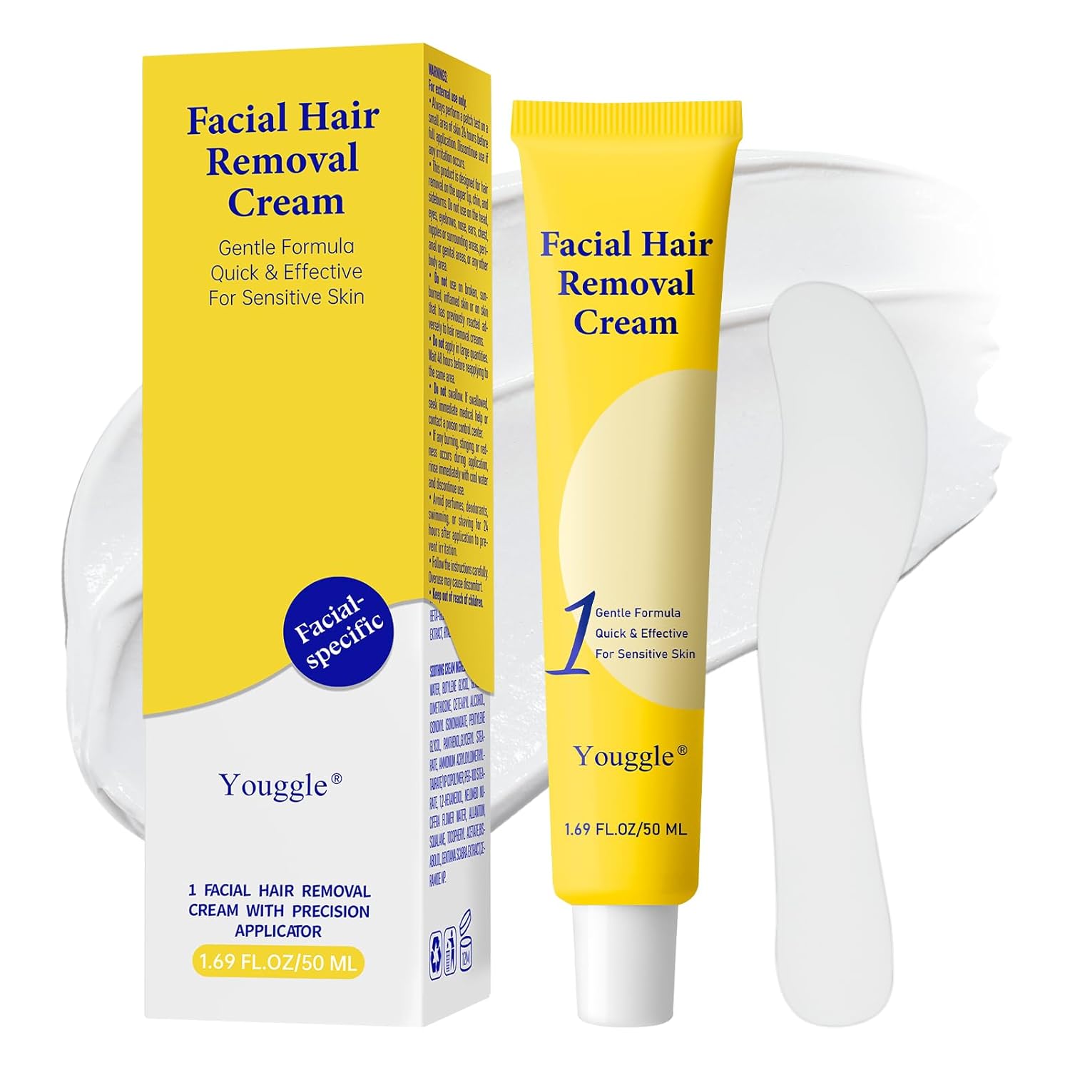 Facial Hair Removal For Women, Painless & Gentle Hair Removal Cream | Chin | Upper Lip | Cheeks for Sensitive Skin (5 Min, 7 Days) - 1.69Fl Oz
