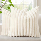Decoruhome Fall Cozy Faux Fur Throw Pillow Covers 18X18 Set Of 2 Decorative Soft Plush Striped Modern Farmhouse Boho Couch Pillow Cases With Velvet Back For Sofa Bed Living Room, Cream White