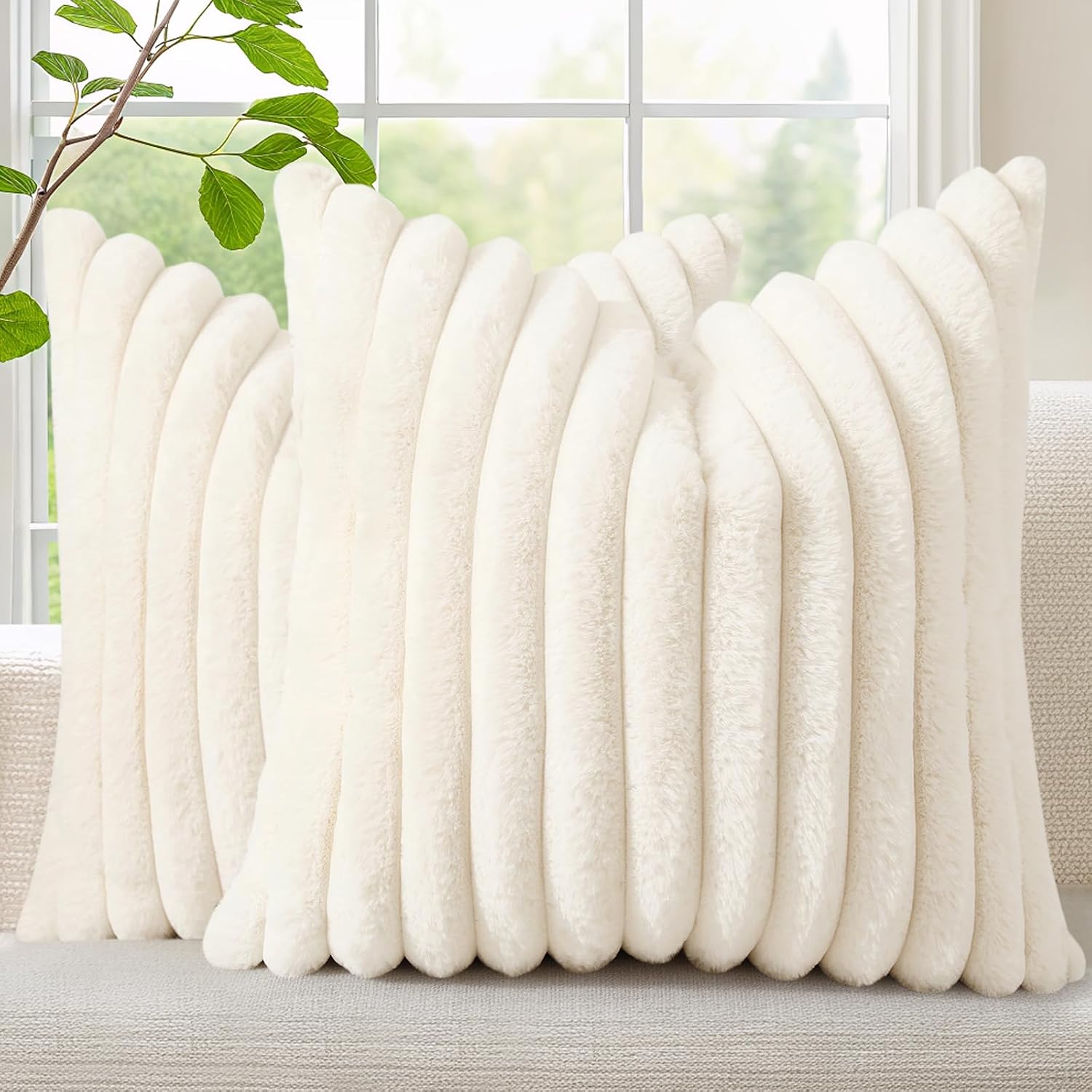 Decoruhome Fall Cozy Faux Fur Throw Pillow Covers 18X18 Set Of 2 Decorative Soft Plush Striped Modern Farmhouse Boho Couch Pillow Cases With Velvet Back For Sofa Bed Living Room, Cream White