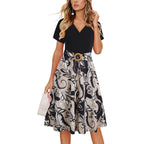 Women's Elegant Criss-Cross V Neck Vintage Short Sleeve Work Casual Fit and Flare Tea Dress with Pockets 980