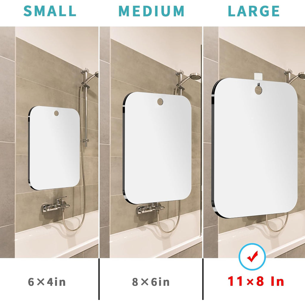 Shatterproof Shower Mirror Fogless For Shaving,(Larger 11X8 Inch) Anti Fog Shaving Mirror Holder No-Drilling, No Fog Free Waterproof,Small Wall Mounted Bathroom Accessories Camping Hanging