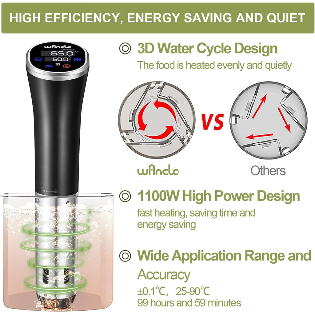 Sous Vide, Wancle Sous Vide Cooker 1100W Ipx7 Waterproof Thermal Immersion Circulator With Reservation Function, Easy To Store