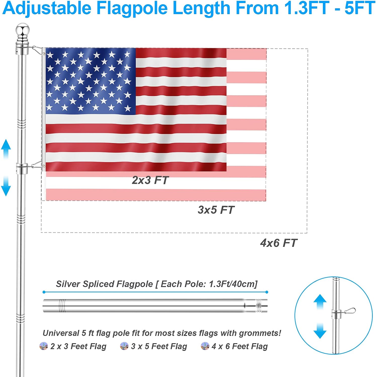 5 Ft Flag Pole For Outside House, 1" Stainless Steel Flag Pole Kit With 2-Position Flagpole Holder Bracket & 360° Spinning Metal Flag Ring Clips, Outdoor Porch Wall Mounted For 3X5 Flag (5 Ft, Silver)
