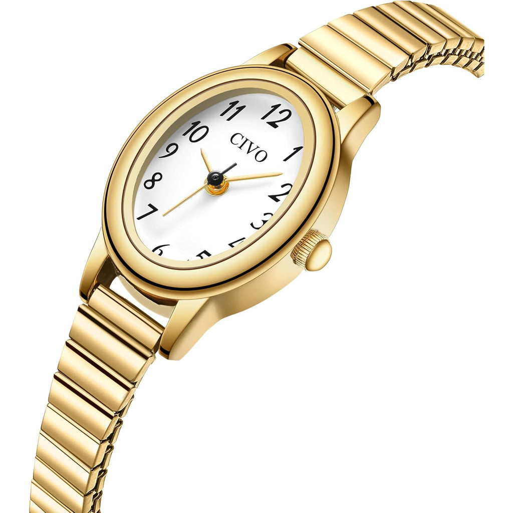 Civo Small Gold Watches For Women: Stretch Expansion Band Easy Read Watch | Dainty Oval Analog Ladies Watch For Small Wrists Under 5.9", Arabic Numerals, Daily Wear Gift For Mom Wife Daughter Birthday