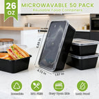 50-Pack Meal Prep Containers, 26 Oz Microwavable Reusable Food Containers With Lids For Food Prepping, Disposable Lunch Boxes, Plastic Food Boxes- Stackable, Freezer Dishwasher Healthy