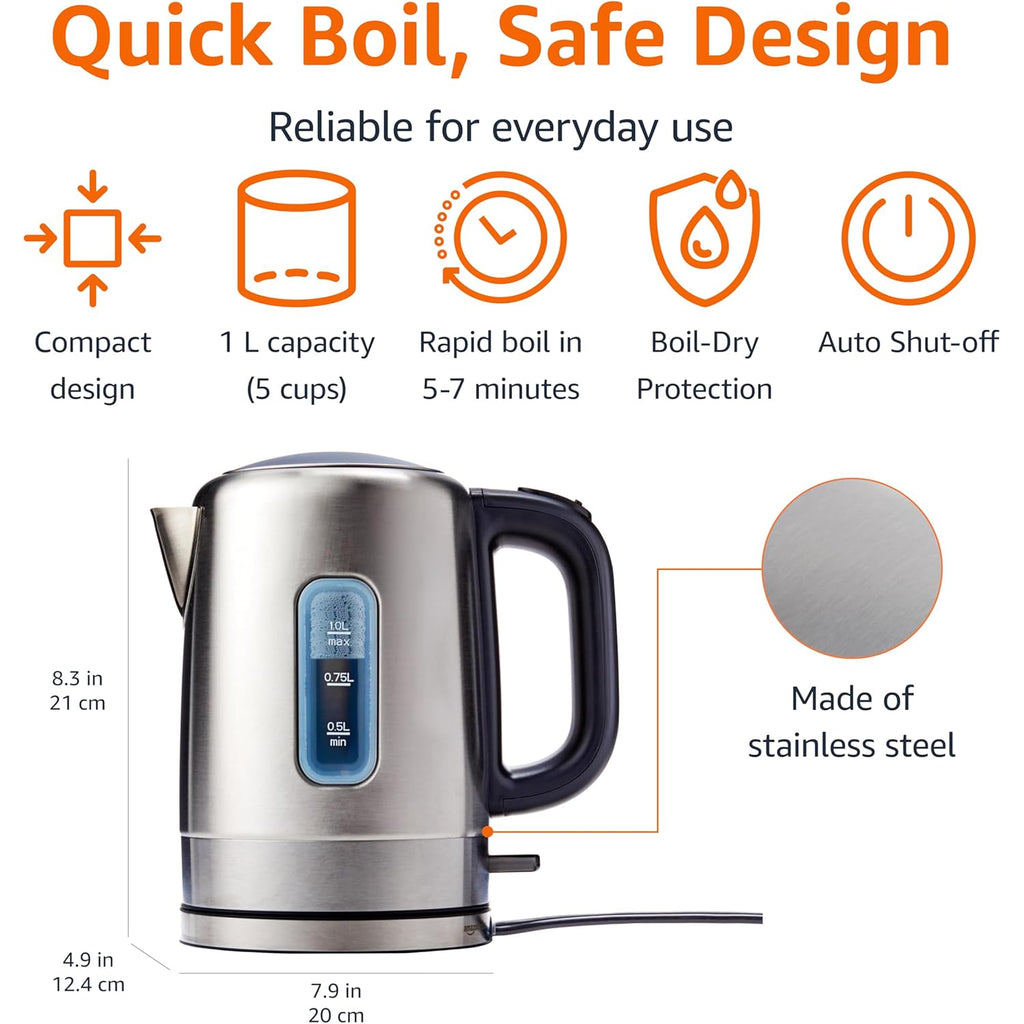 Amazon Basics Electric Stainless Steel Kettle for Tea and Coffee, BPA-Free, Fast Boiling, Auto Shut-Off, 1 Liter, 1500W, Black and Silver