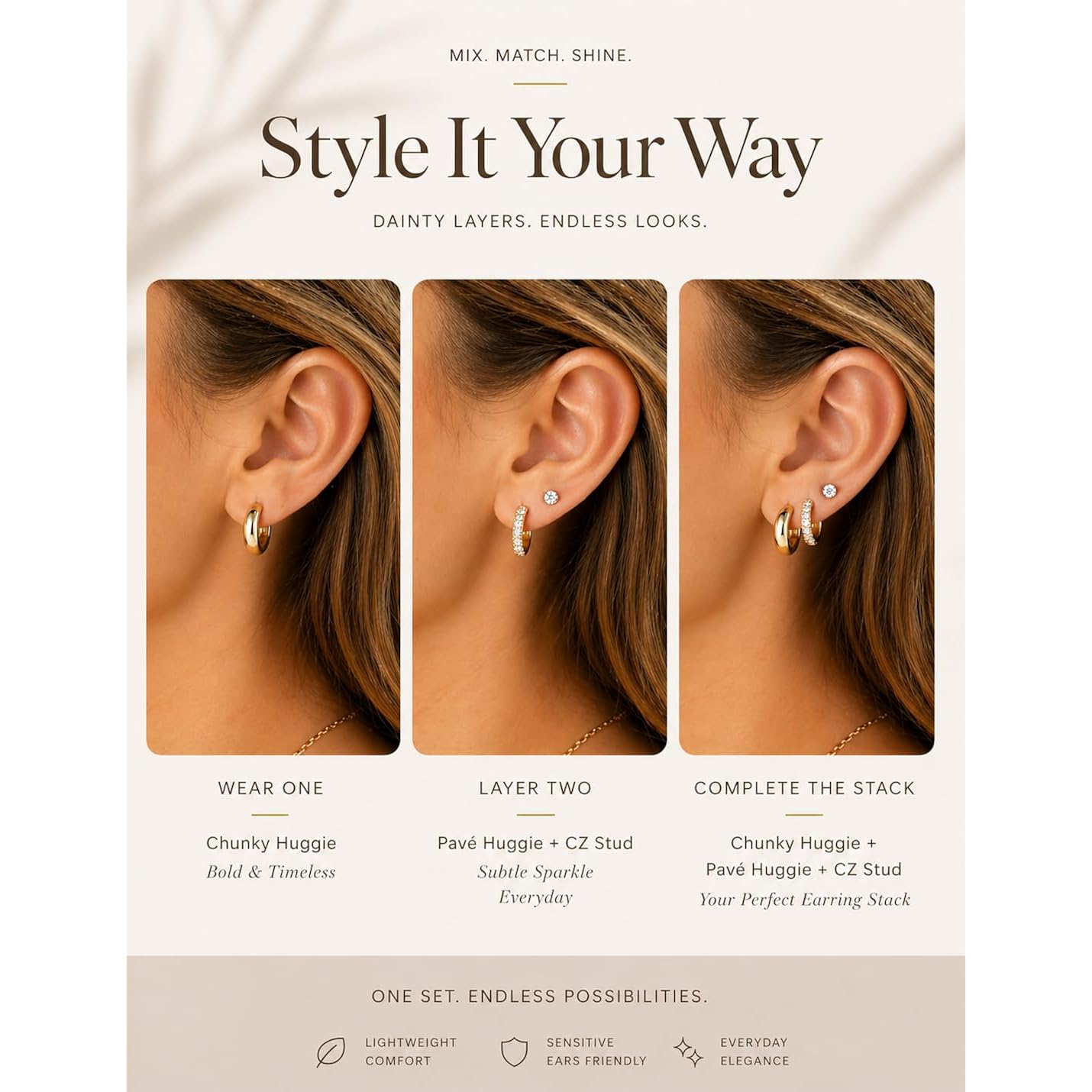 Gold Earring Stack for Women, 3 Pairs 14K Gold Plated Small Huggie Hoop & CZ Stud Earrings Set, Hypoallergenic Dainty Earrings for Multiple Piercings, Second Hole Cartilage Earrings