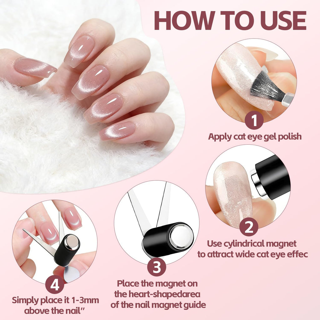 5pcs Cat Eye Magnet Set, 2-in-1 Scissor Shape Nail Magnet Tool create French & V-Shape nail effects, Heart Guide & Cylindrical Magnet for Cat Eye Gel Polish, Nail Art DIY for Home, Salon, Studio
