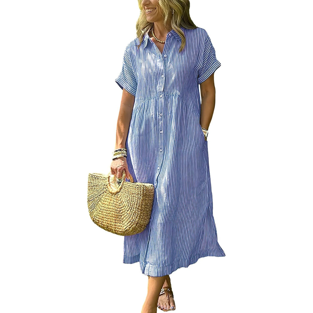 Ebossy Women'S Boho Striped Shirt Dress Button Up Side Slit Loose Mid Long Cotton Dress With Pockets