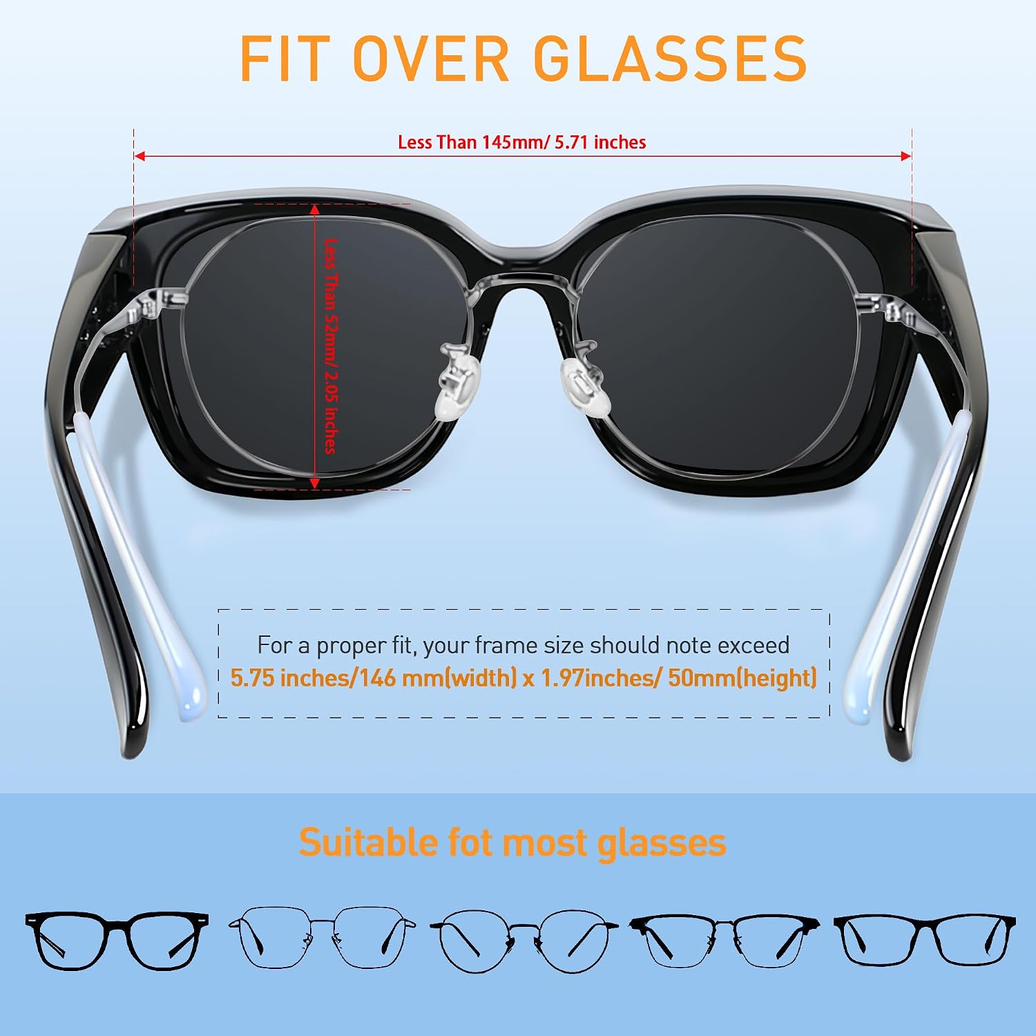 Polarized Sunglasses Fit Over Glasses for Women Men Oversized Square Shades UV400 Protection (3pack) Black + Pattern + Brown Grading