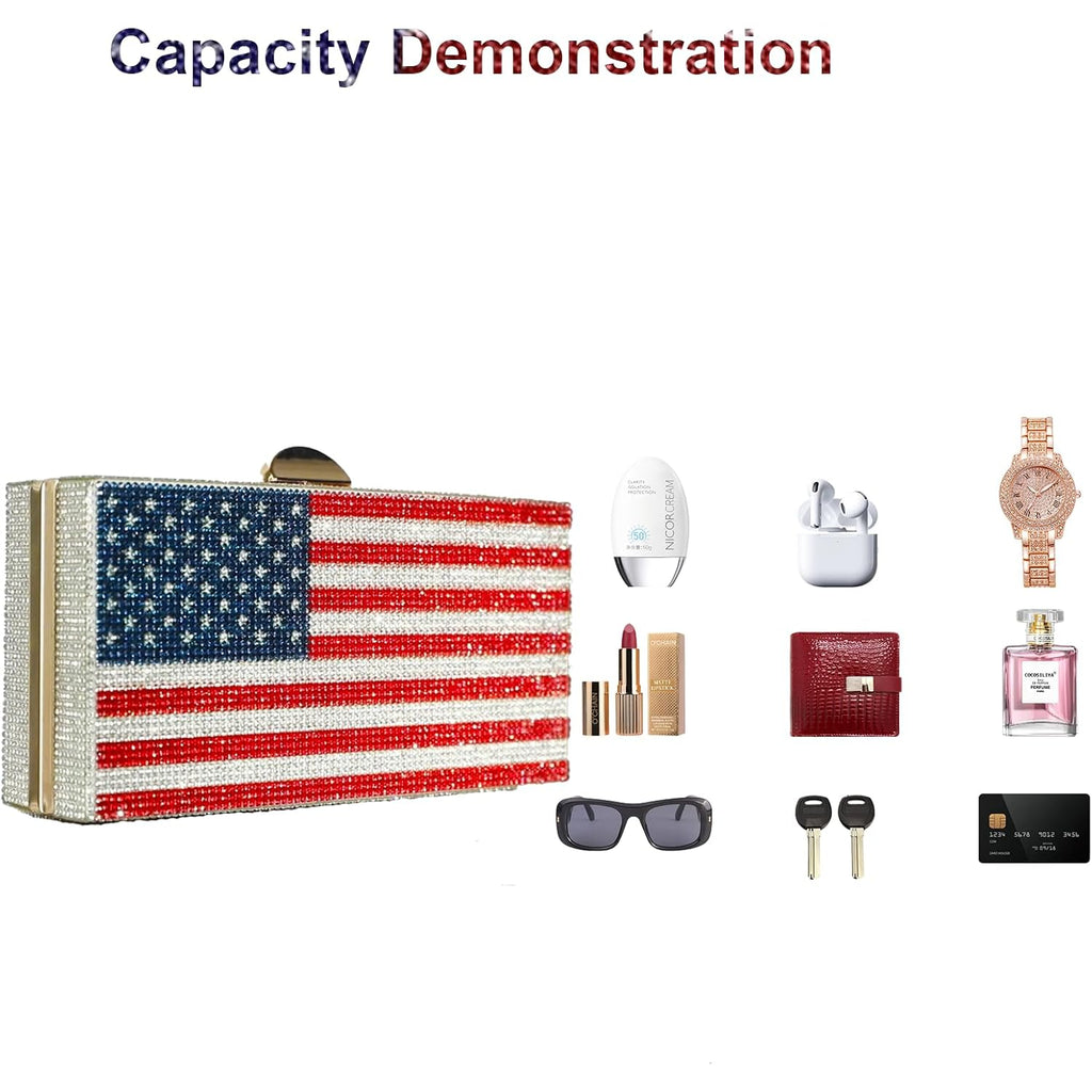 Women'S American Flag Rhinestone Crossbody Evening Purse - Patriotic Red White Blue Clutch Bag For National Celebrations Evening Bag Flag Purse