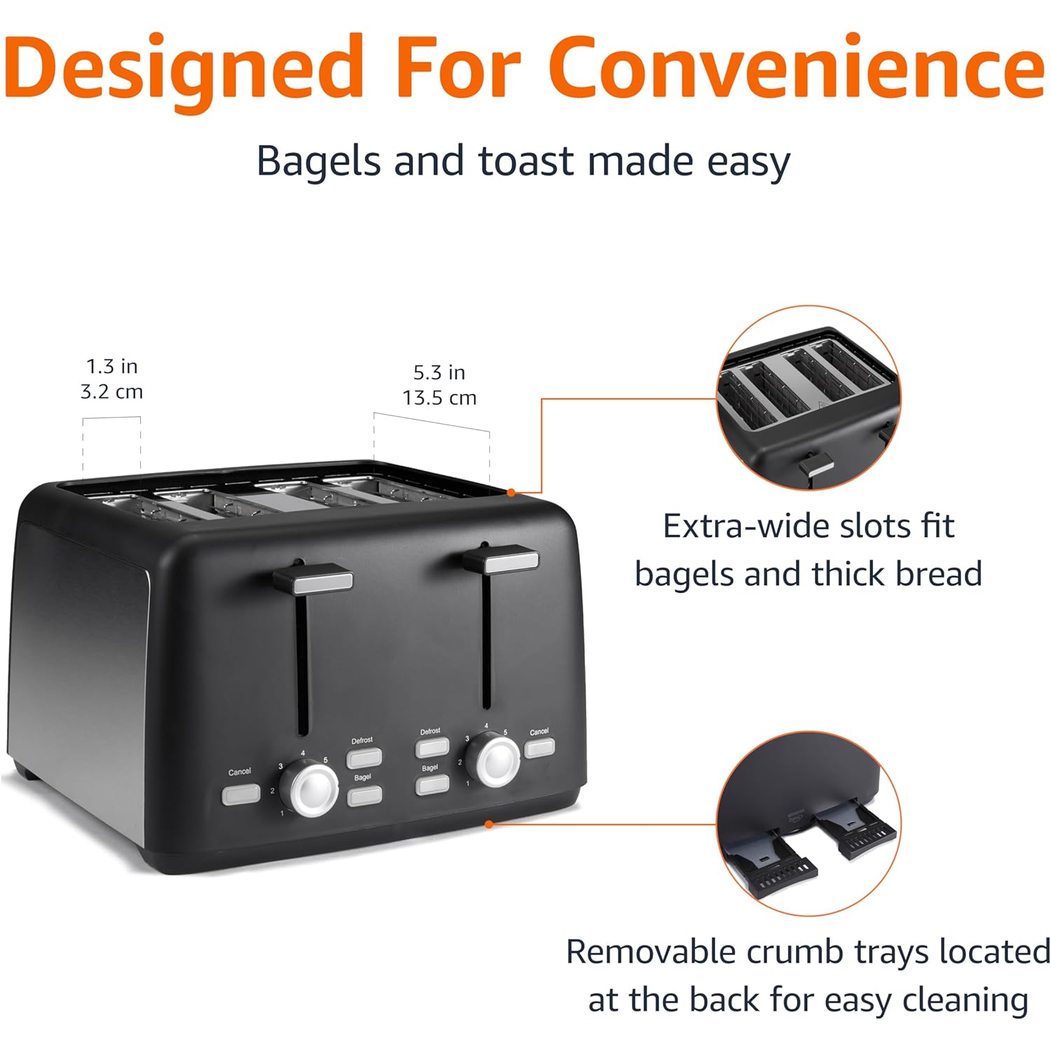 Amazon Basics 4 Slice Toaster, 7 Browning Settings, Extra Wide Slots for Bagels and Specialty Breads, Removable Crumb Tray, Cancel/Defrost/Bagel Buttons, 1500W, Black & Silver