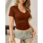 Womens Summer Sexy Short Sleeve Tshirt Tops Deep V Neck Shirts Casual Slim Fit Basic T-Shirt Tee