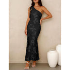 Caracilia Womens Floral Mesh One Shoulder Dress, Elegant Maxi Dresses, Comfy For Wedding Guest Cocktail Summer Formal Wear