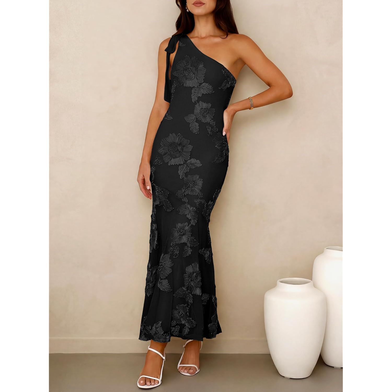 Caracilia Womens Floral Mesh One Shoulder Dress, Elegant Maxi Dresses, Comfy For Wedding Guest Cocktail Summer Formal Wear