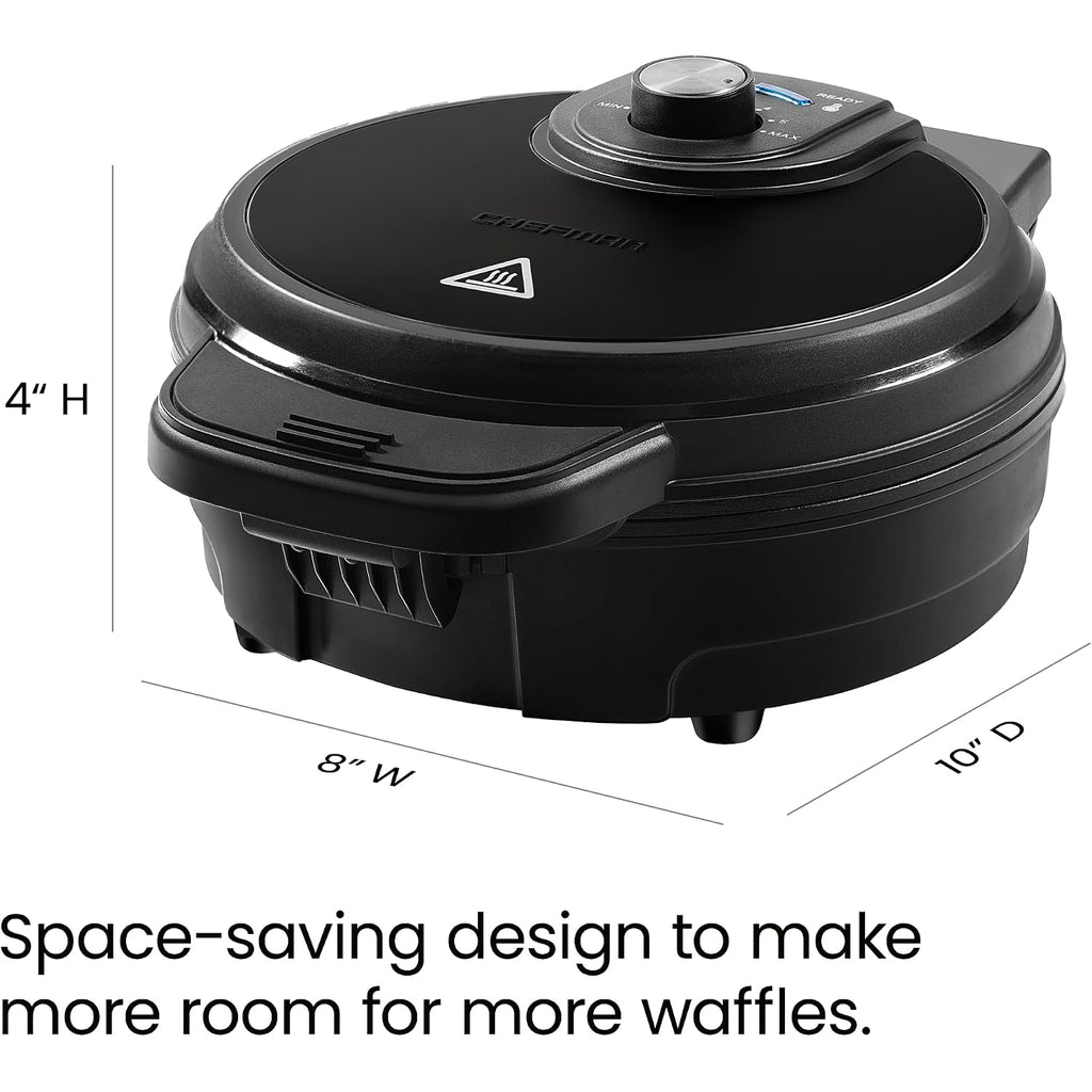 Chefman Anti-Overflow Belgian Waffle Maker W/Shade Selector, Temperature Control, Mess Free Moat, Round Iron W/Nonstick Plates & Cool Touch Handle, Measuring Cup Included, Black
