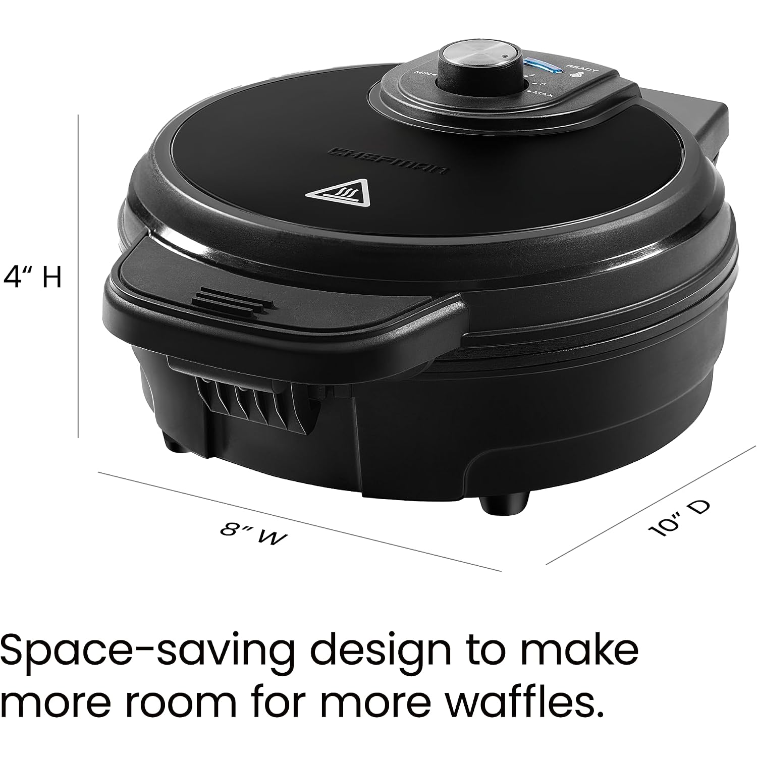 Chefman Anti-Overflow Belgian Waffle Maker W/Shade Selector, Temperature Control, Mess Free Moat, Round Iron W/Nonstick Plates & Cool Touch Handle, Measuring Cup Included, Black