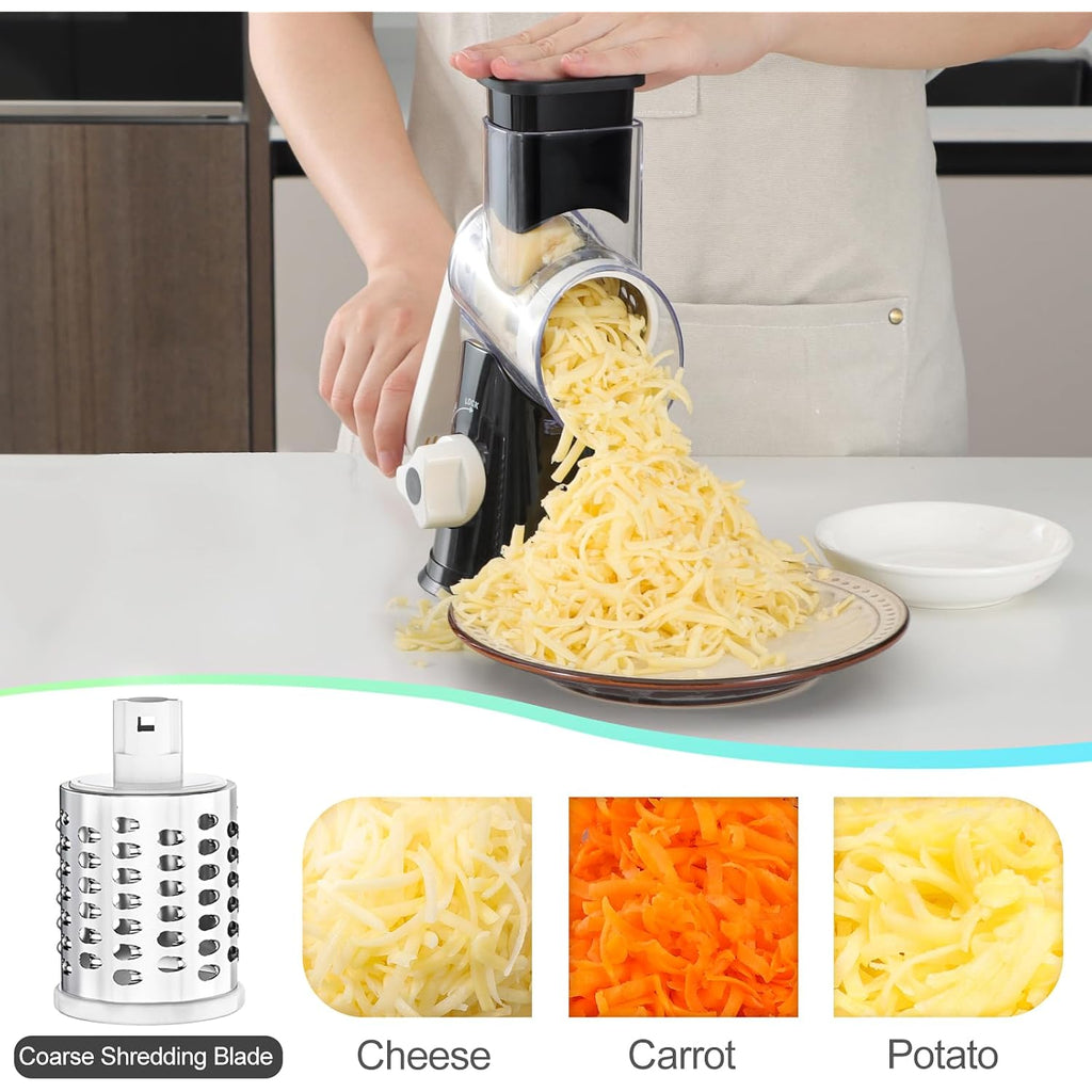 Ourokhome Rotary Cheese Grater Hand Crank, Kitchen Shredder Speed Mandolin Slicer Nuts Grinder With Handle And Drum Blades For Cheese, Vegetable, Walnut, Chocolate, Potato, Carrot, 3 Blades, Black