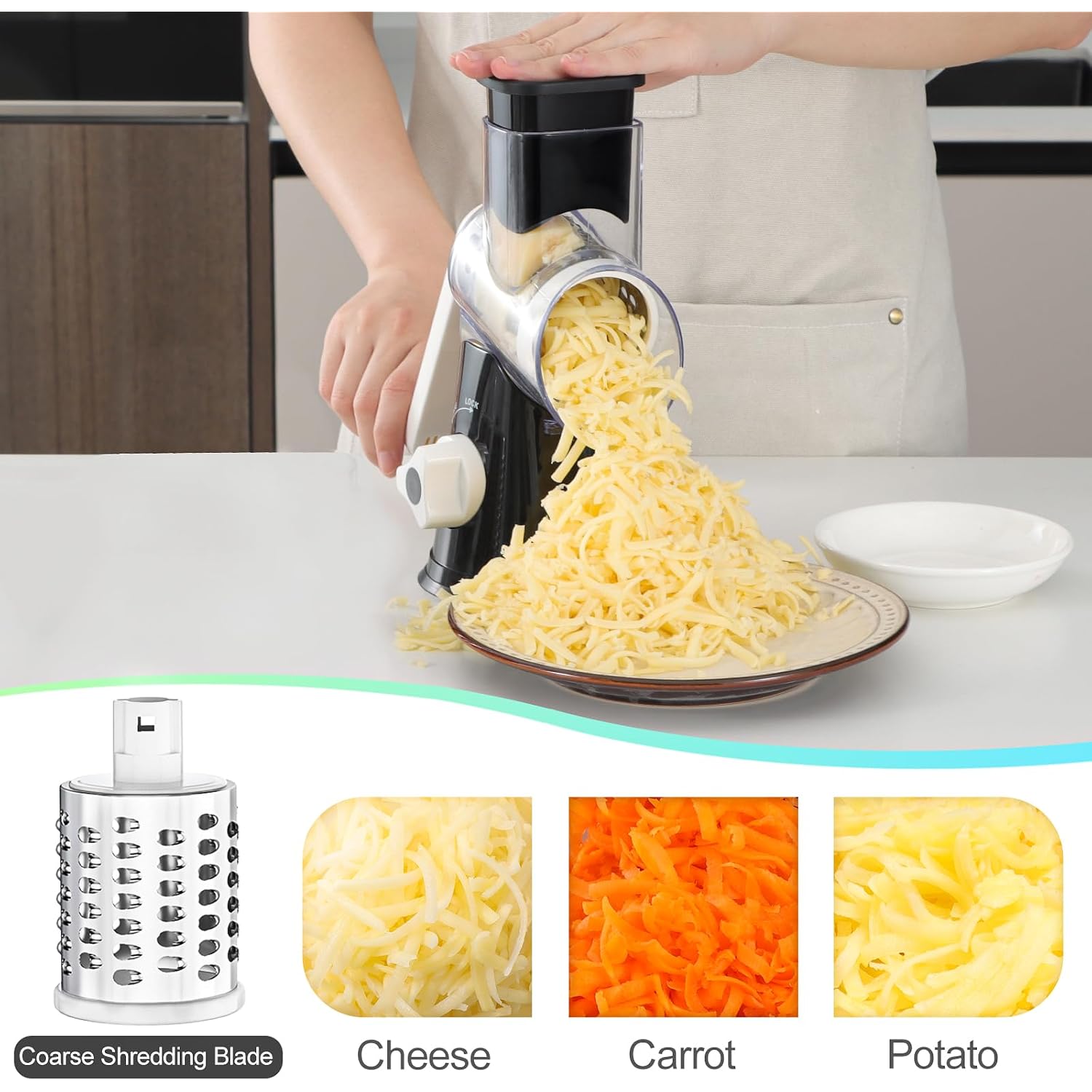 Ourokhome Rotary Cheese Grater Hand Crank, Kitchen Shredder Speed Mandolin Slicer Nuts Grinder With Handle And Drum Blades For Cheese, Vegetable, Walnut, Chocolate, Potato, Carrot, 3 Blades, Black