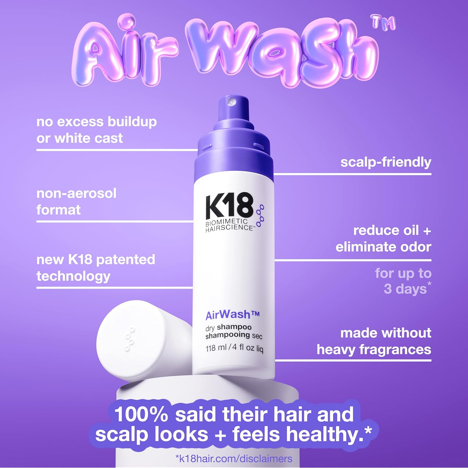 K18 AirWash™ Dry Shampoo, Non-Aerosol, Balances Scalp & Controls Excess Oil Production