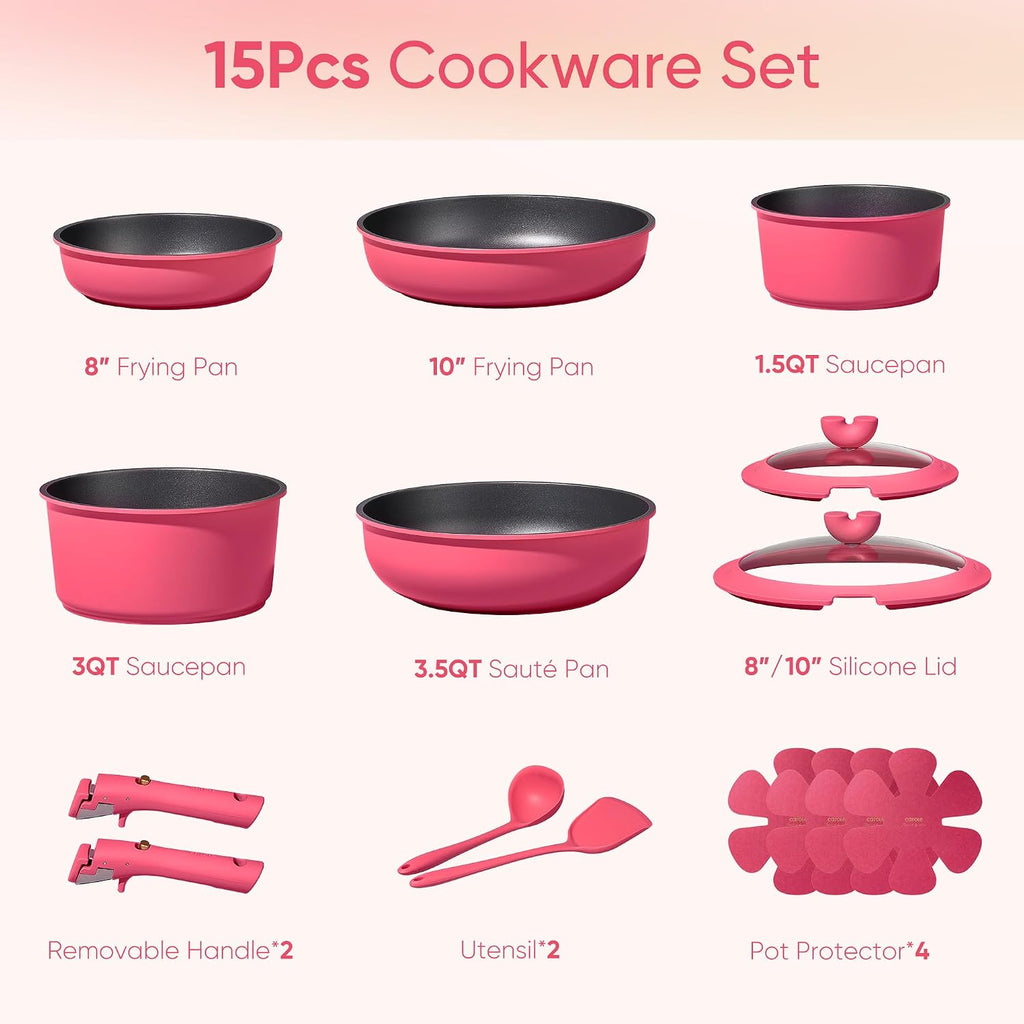 Carote 15Pcs Pots And Pans Set Non Stick, Cookware Set Non Toxic With Detachable Handle, Induction Kitchen Cooking Set, Dishwasher/Oven Safe, Rv/Camping Cookware