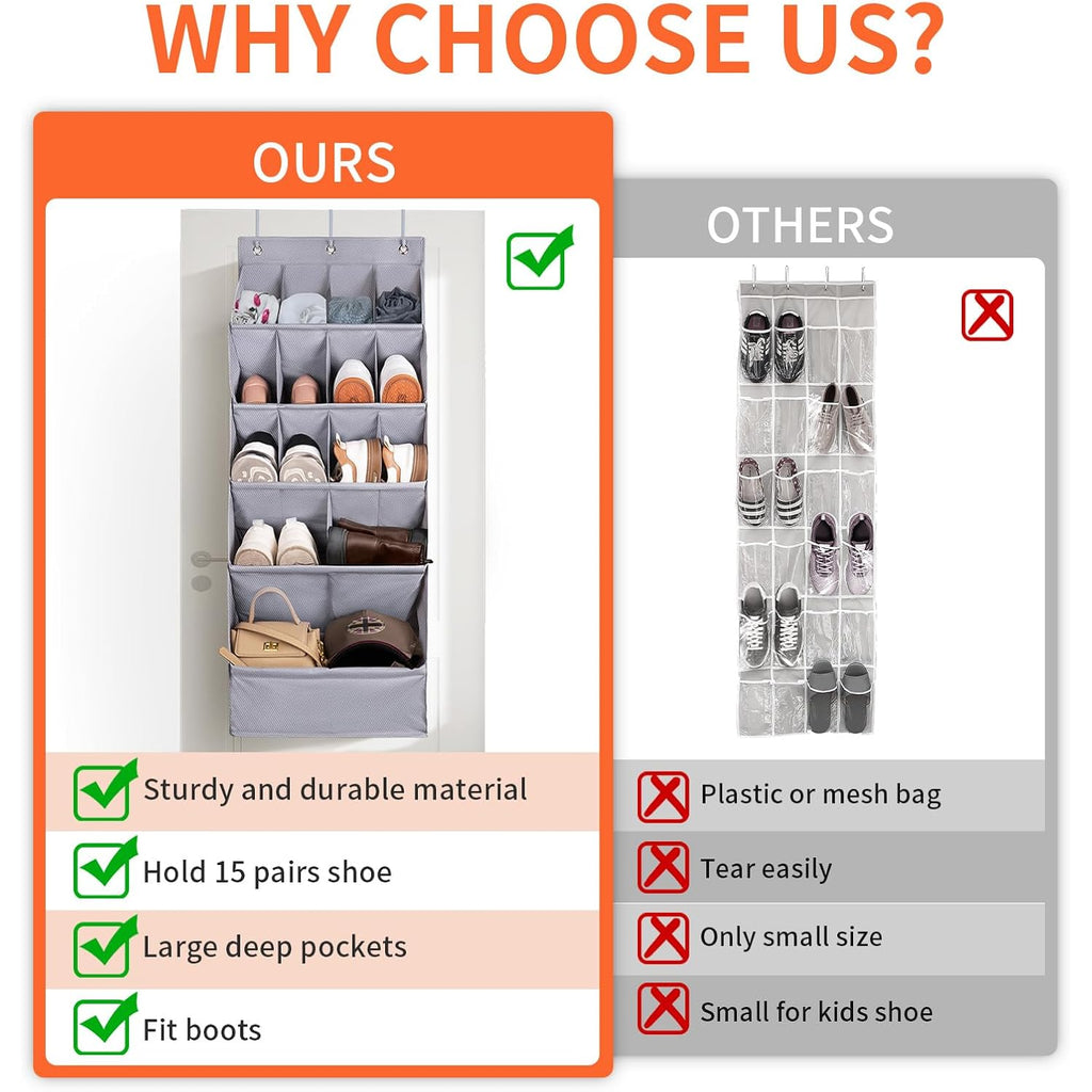 1 Pack Over-The-Door-Shoe-Organizers,Hanging Organizers With Large Pocket Shoe Holder Hanging Shoe Rack For Closet Shoe Organizer For Wall, Over Door Organizer With 15 Pockets Gray