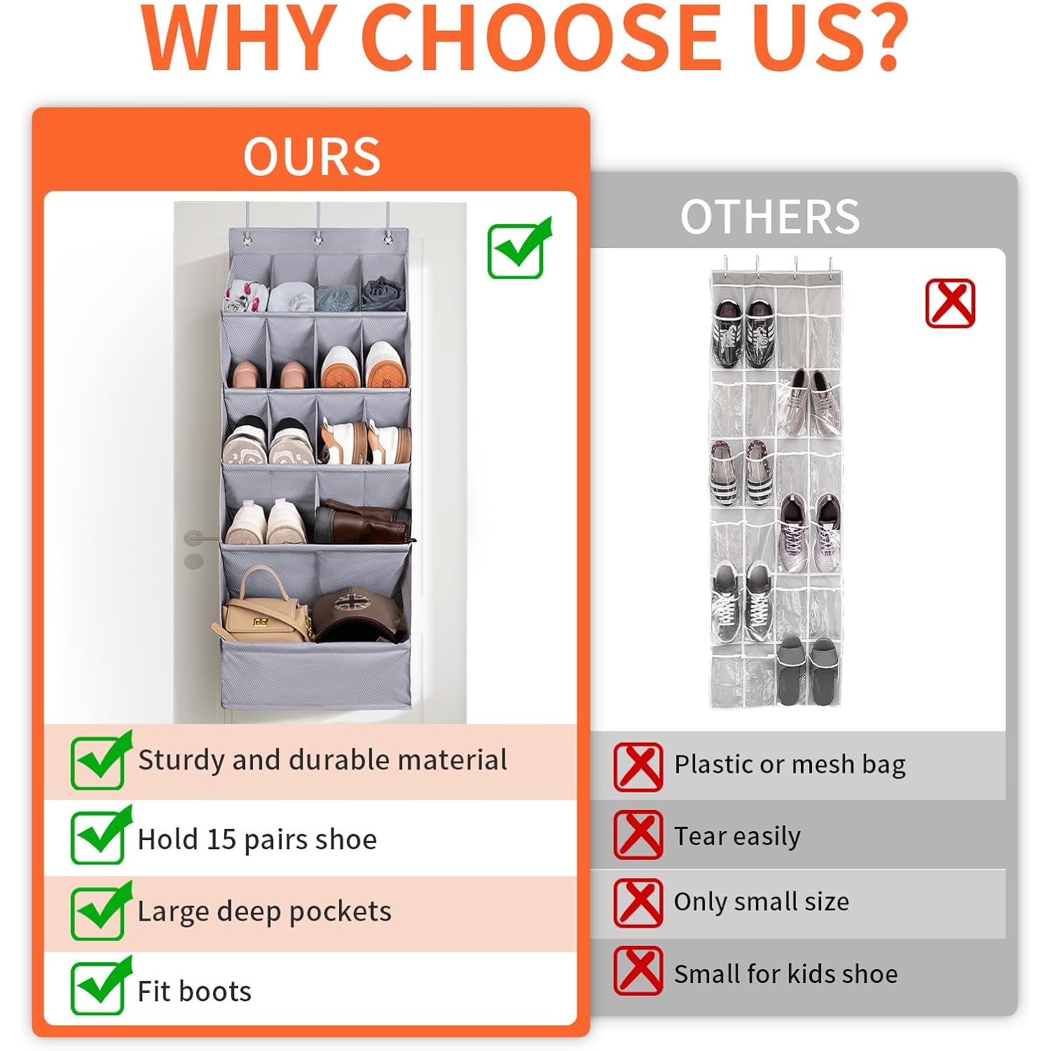 1 Pack Over-The-Door-Shoe-Organizers,Hanging Organizers With Large Pocket Shoe Holder Hanging Shoe Rack For Closet Shoe Organizer For Wall, Over Door Organizer With 15 Pockets Gray