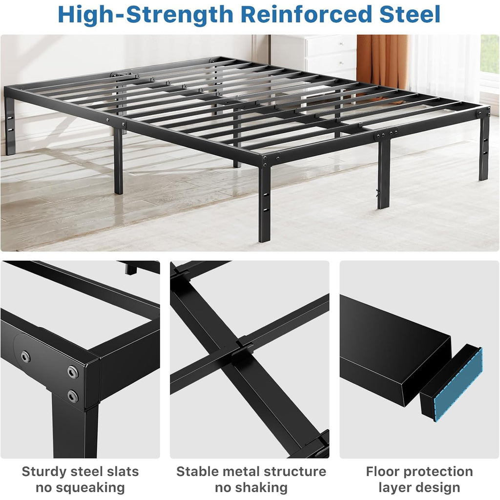 OLIXIS Metal Queen Bed Frame - 14in High with Storage Space, No Box Spring Needed with Sturdy Steel Slat Support, 2200LBS Heavy Duty for Easy Assembly, Black for Bedroom
