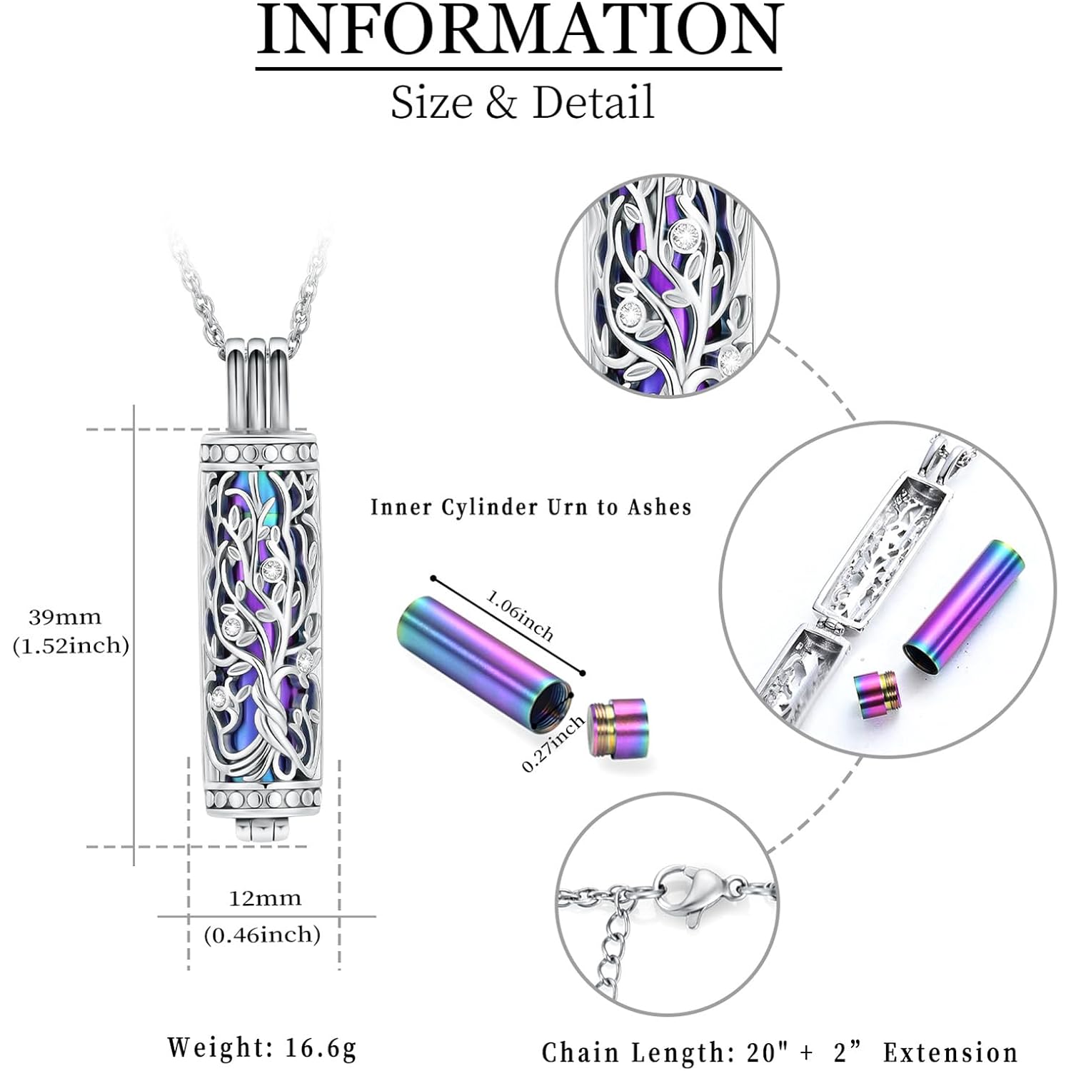 shajwo Cylinder Cremation Jewelry Tree of Life Urn Ashes Necklace for Women Men Vial Cremation Ash Pendant Loved One Memorial Jewelry