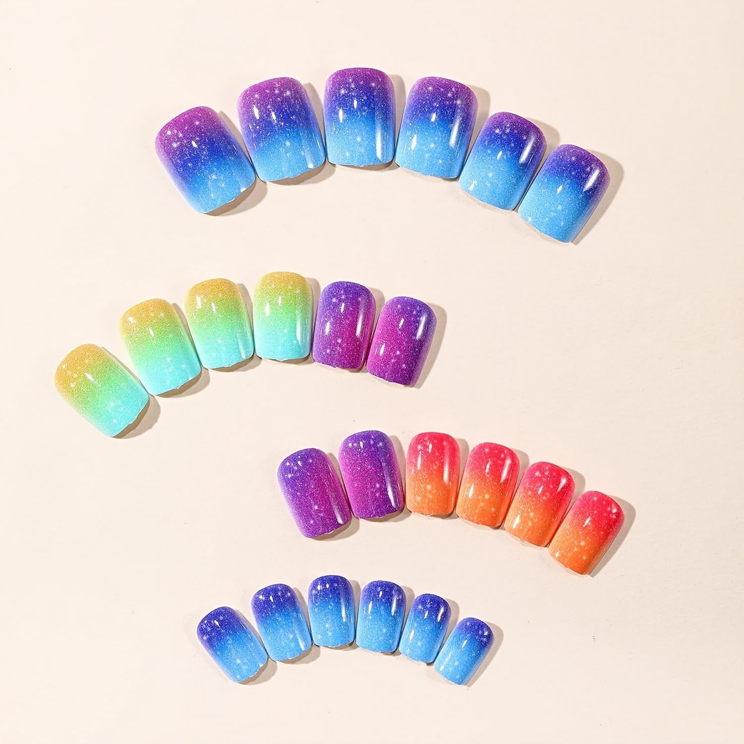 Rainbow Gradient Press on Nails Glossy Colorful Stick on Nail Full Cover Short Square Shape Fake Nails with White Dot Designs Acrylic False Nails for Women DIY Manicure Decorations 24 Pcs