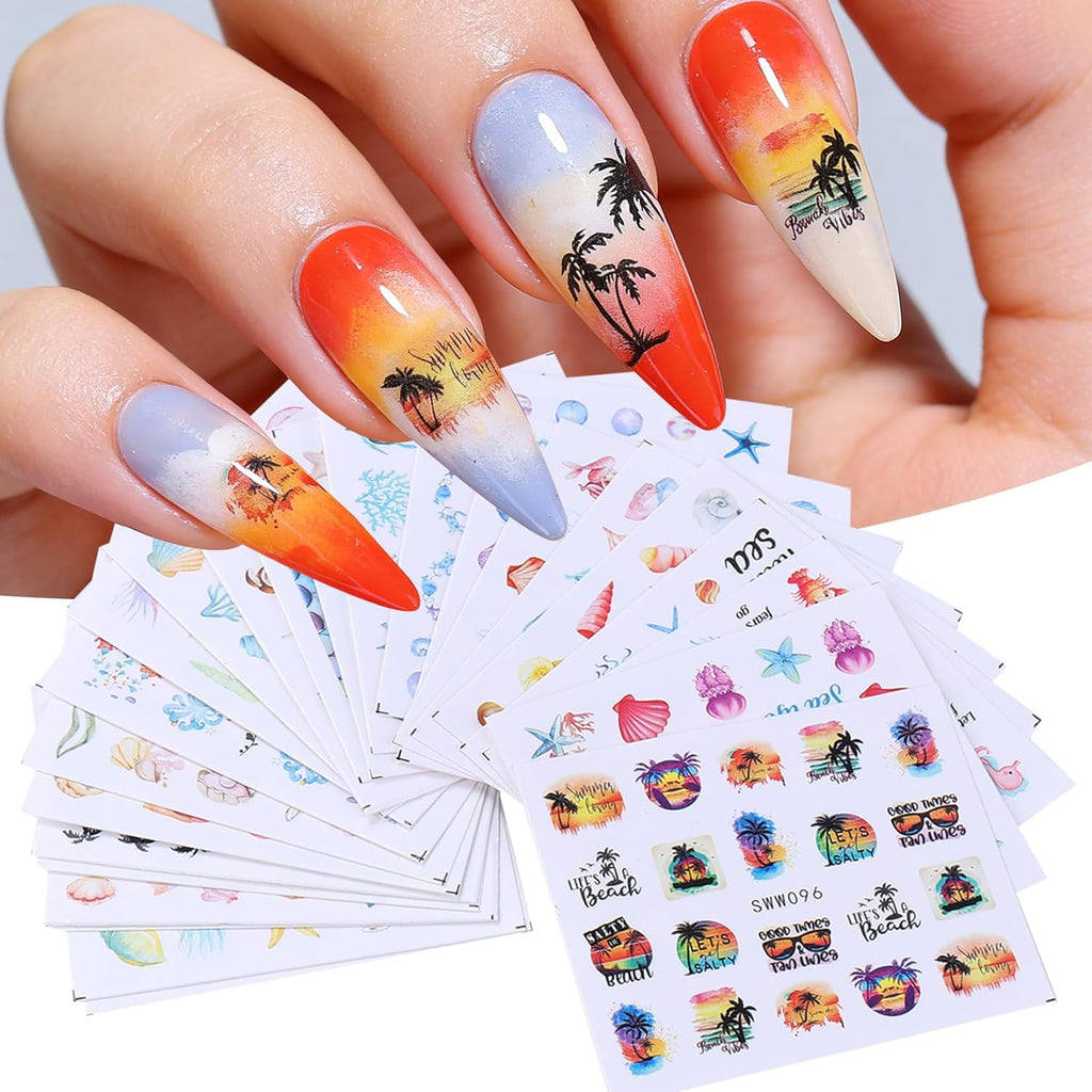 Ocean Nail Stickers Water Decals 24 PCS Marine Life Water Decals for Nails Jellyfish Seashell Turtle Starfish Design DIY Summer Nail Art Decoration Manicure Watermark Supplies for Women