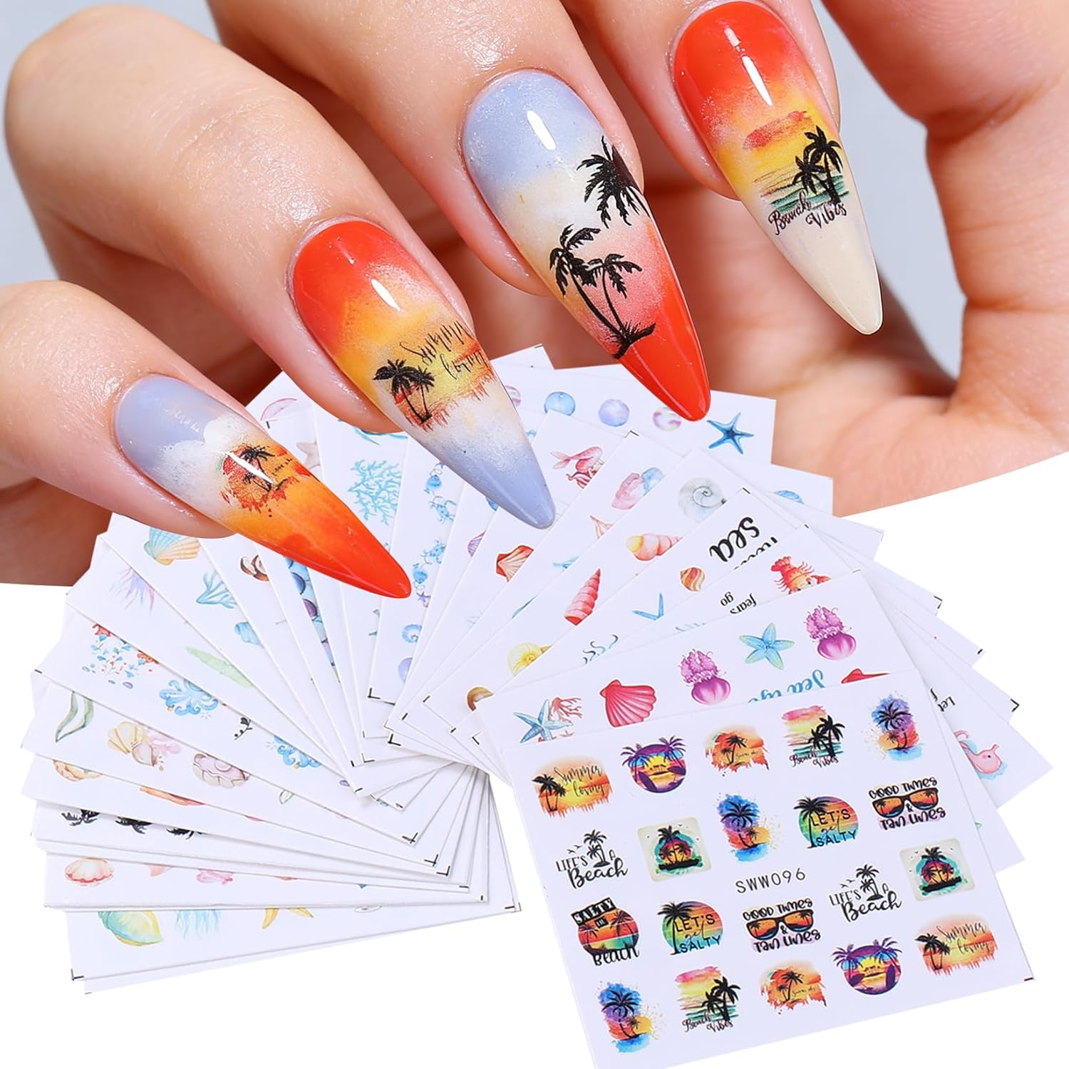 Ocean Nail Stickers Water Decals 24 PCS Marine Life Water Decals for Nails Jellyfish Seashell Turtle Starfish Design DIY Summer Nail Art Decoration Manicure Watermark Supplies for Women
