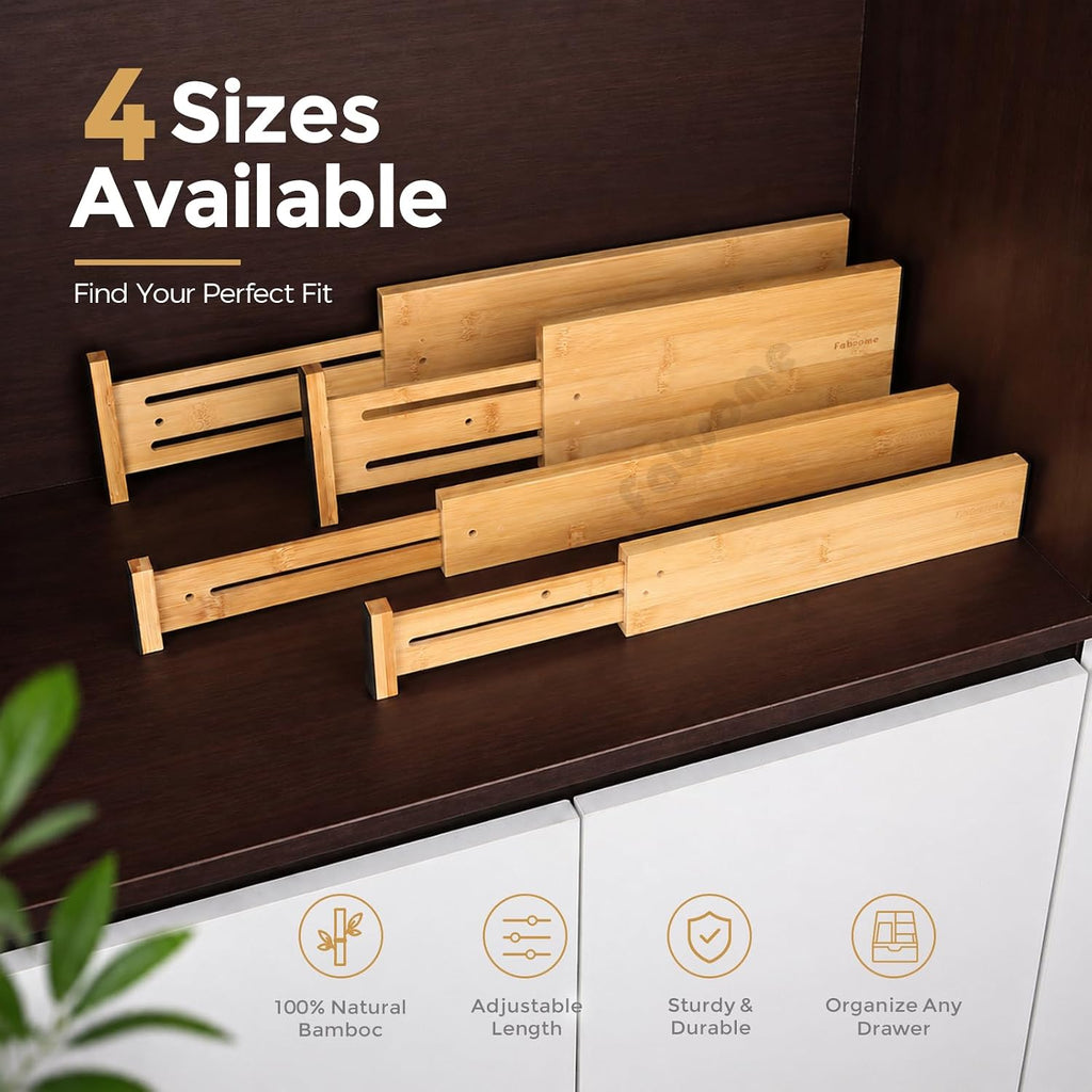 Fabsome Dresser Drawer Organizers 6 Pack, 4.65'' High Adjustable From 12.5-17‘’ Bamboo Drawer Dividers For Clothing Baby Clothes, Wooden Separators For Dresser Nursery Organization With Soft Foam Ends
