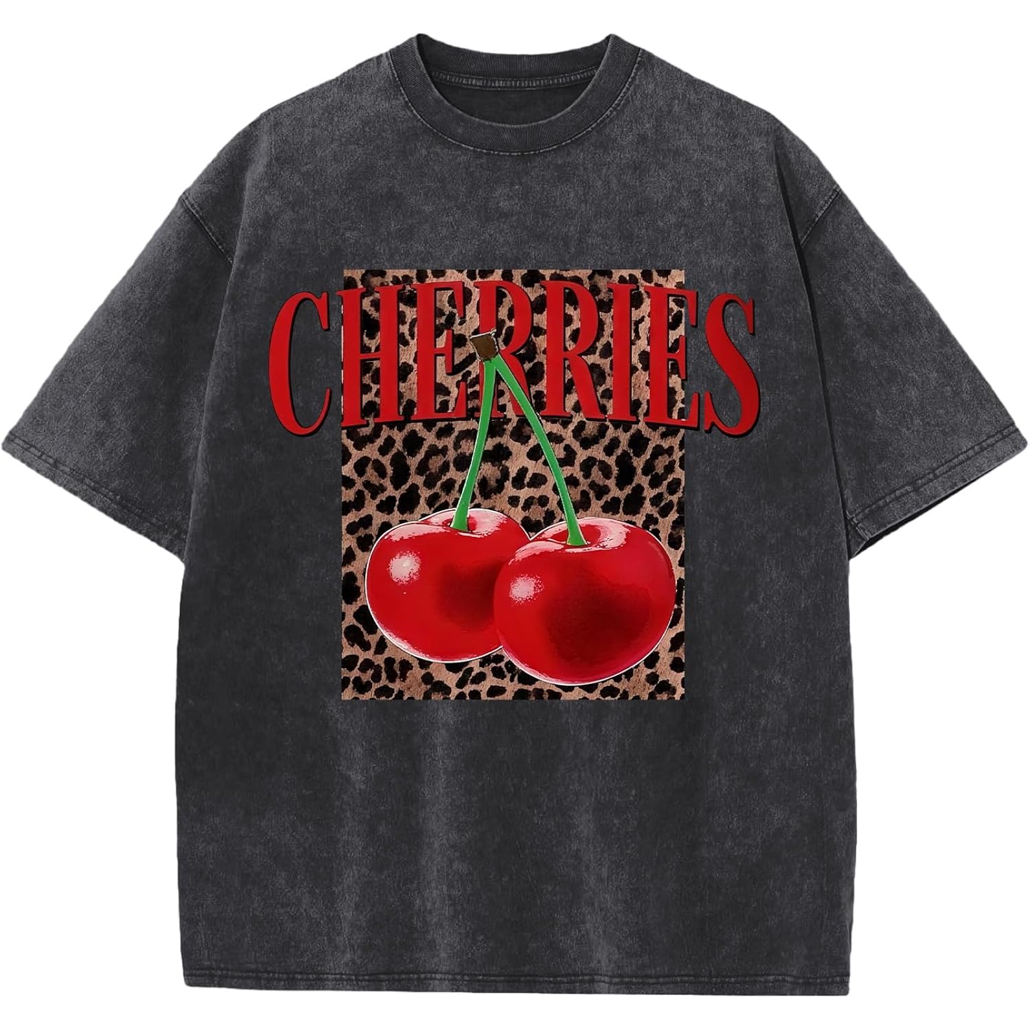 Oversized Cherry Graphic Tees for Women Vintage Leopard Cherry Fruit Shirt Acid Wash Crewneck Streetwear T Shirts Top Black