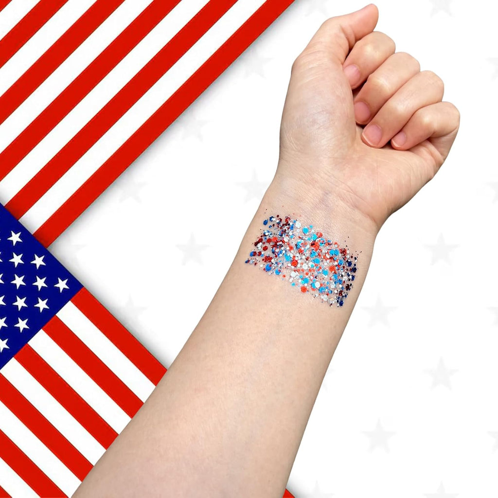 Patriotic Red White and Blue Body Glitter Stick,4th of July Accessories,Sparkling Face Hair Glitter for 4th of July Outfits Women Kids,American Flag Makeup for Independence Day 250 Anniversary