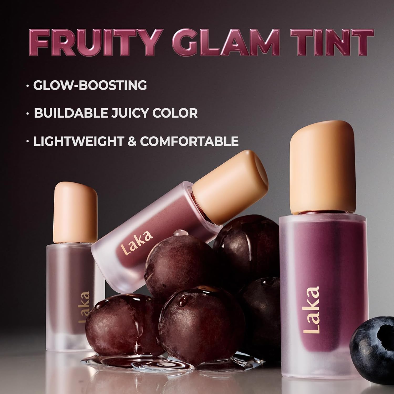 Laka Fruity Glam Tint, 4.5g/0.15oz, Glowing Lip Stain with Wide Color Spectrum, Hydrating & Lightweight Texture, Buildable Color, Non-Sticky, Vegan, K-Beauty (#124 Maro)