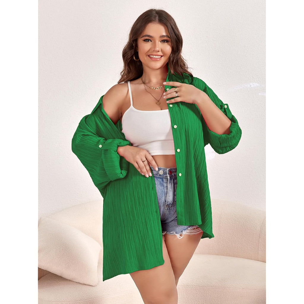 Scomchic Women Plus Size Button Down Shirts Long Roll Up Sleeve V Neck Collared Casual Blouses Oversized Shirt Tops