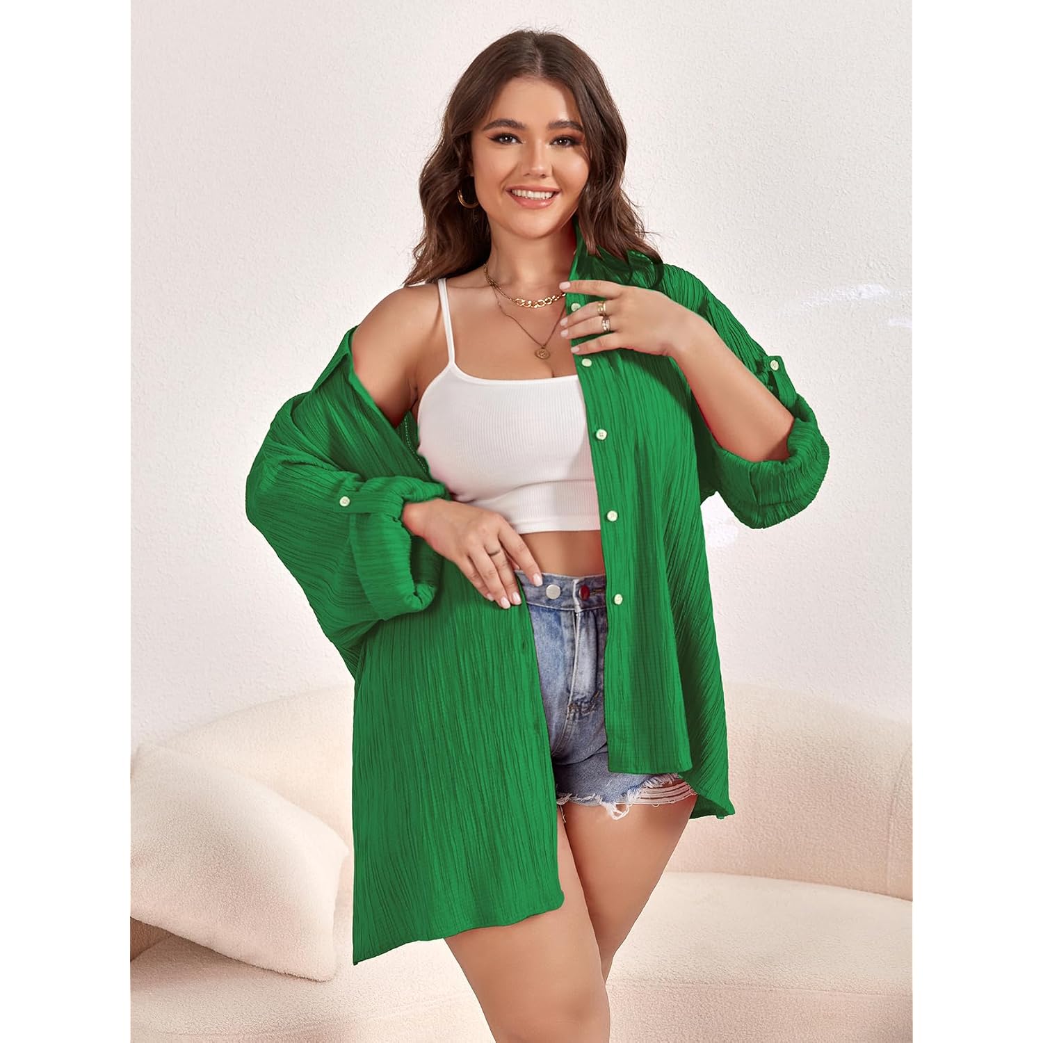 Scomchic Women Plus Size Button Down Shirts Long Roll Up Sleeve V Neck Collared Casual Blouses Oversized Shirt Tops